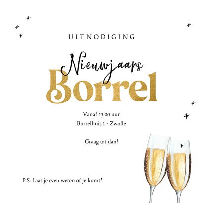 Uitnodiging nieuwjaarsborrel goud sterren champagne 3