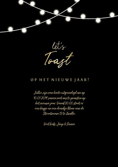 Uitnodiging nieuwjaarsborrel 'let's toast' en lampjes 3