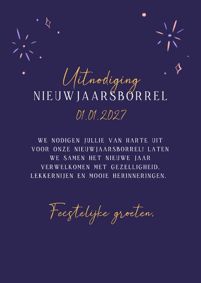 Uitnodiging nieuwjaarsborrel met champagneglazen en vuurwerk 3