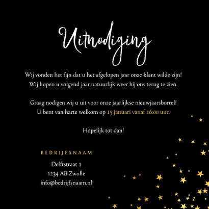 Uitnodiging nieuwjaarsborrel sterren goud confetti 3
