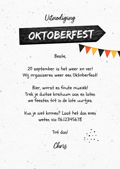 Uitnodiging oktoberfest wegwijzers slingers bier worst 3