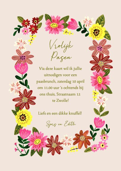 Uitnodiging paasbrunch bloemen en paashaasjes 3