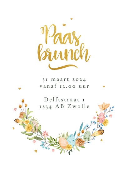 Uitnodiging paasbrunch paasei bloemen krans eieren lente 2