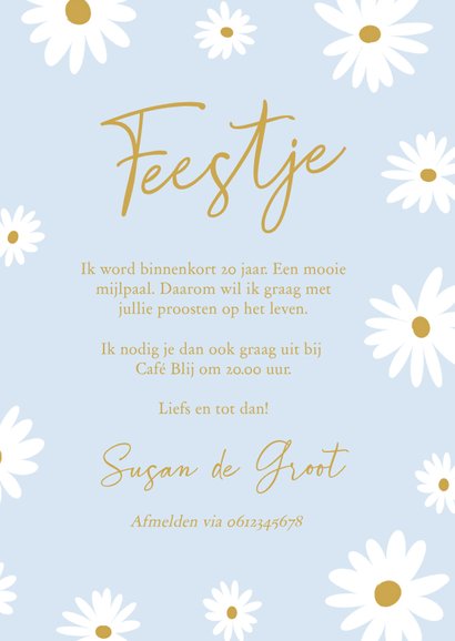 Uitnodiging party lichtblauw met bloemetjes en goud 3