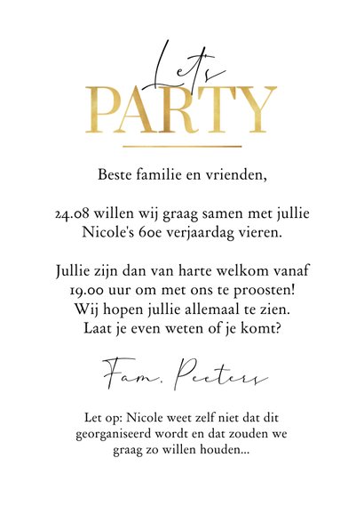 Uitnodiging party stijlvol goud champagne typografisch 3