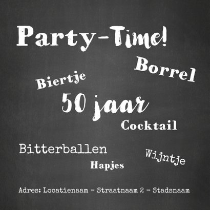 Uitnodiging Party-Time kaart krijtbord en sterren goud 2