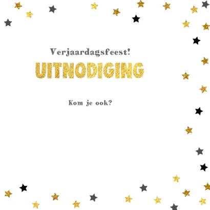 Uitnodiging Party-Time tekst borden en sterren goud 3