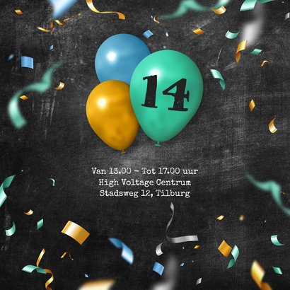 Uitnodiging party verjaardag ballonnen confetti krijt foto 2