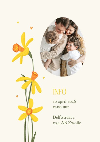 Uitnodiging Pasen lunch brunch bloemen narcissen geel 2