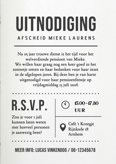 Uitnodiging pensioen feest in tijdschrift stijl met naam 3