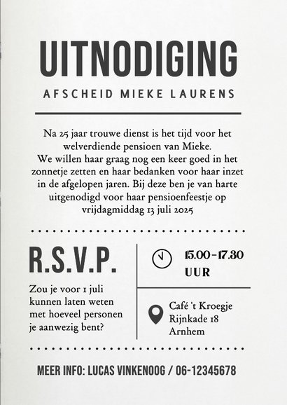 Uitnodiging pensioen feest in tijdschrift stijl met naam 3