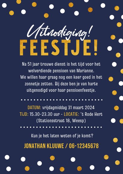 Uitnodiging pensioen feestje man of vrouw met confetti 3