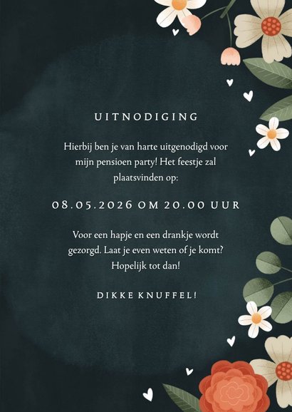 Uitnodiging pensioen party bloemenkader hartjes en foto's 3