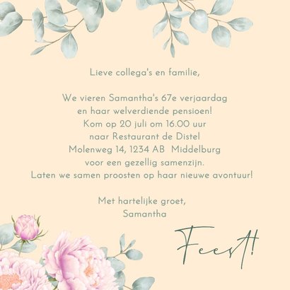 Uitnodiging pensioen roze pioenrozen 3