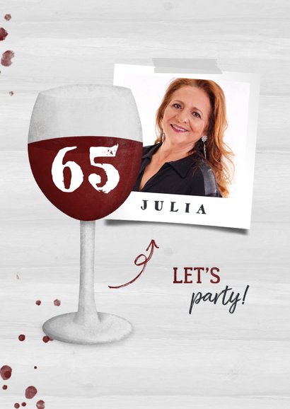 Uitnodiging pensioen wijnglas met foto en leeftijd 2