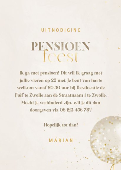 Uitnodiging pensioenfeest beige met confetti ballonnen 3