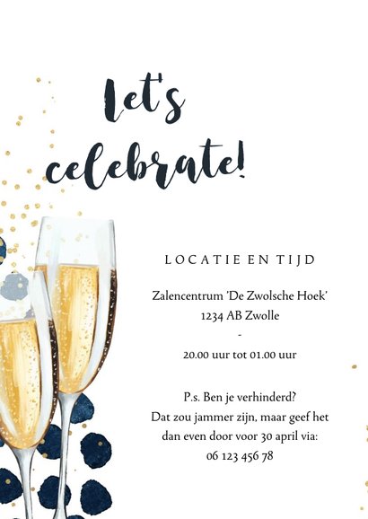 Uitnodiging pensioenfeest champagne glazen goud stijlvol 2