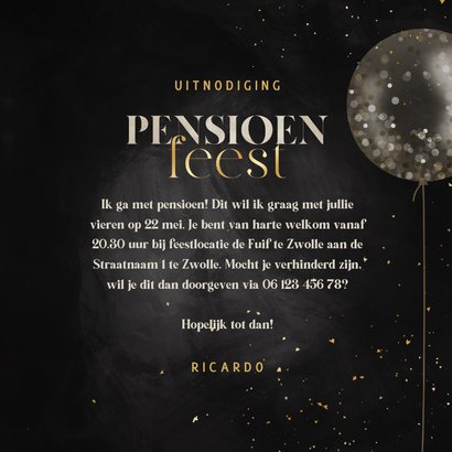Uitnodiging pensioenfeest confetti ballonnen krijtbord 3