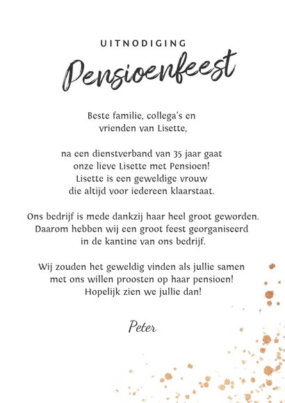 Spiksplinternieuw Uitnodiging pensioenfeest goud spetters | Kaartje2go WT-48