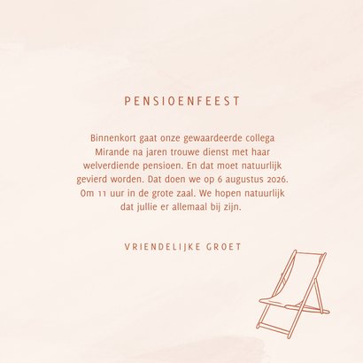 Uitnodiging pensioenfeest met strandstoel in koperfolie 3