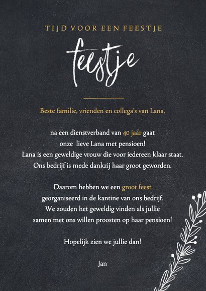 Uitnodiging pensioenfeest vrouw met takjes in krijtbord look 3