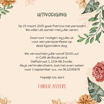 Uitnodiging pensioenfeest wegwijzers hout bloemen 3