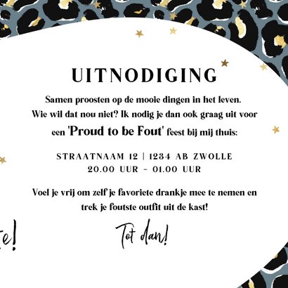 Uitnodiging Proud to be Fout-feest panterprint goud sterren 3