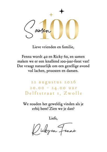 Uitnodiging samen 100 feestje champagne goud bubbels 3