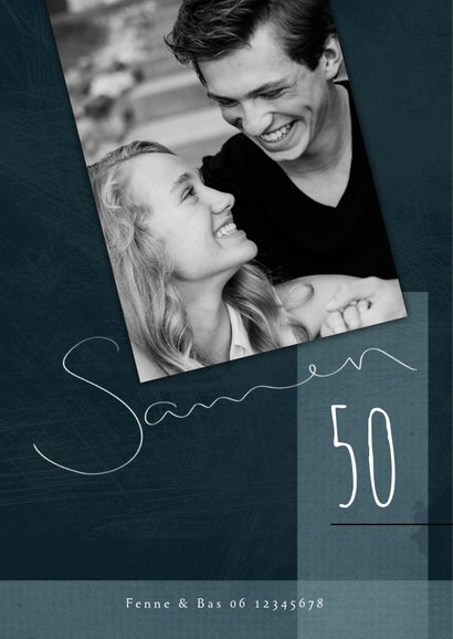 Uitnodiging samen 50, met foto en speelse typografie 2