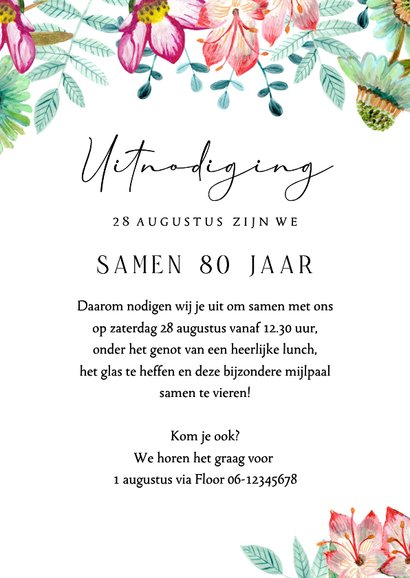 Uitnodiging samen 80 jaar met bloemen en foto’s 3