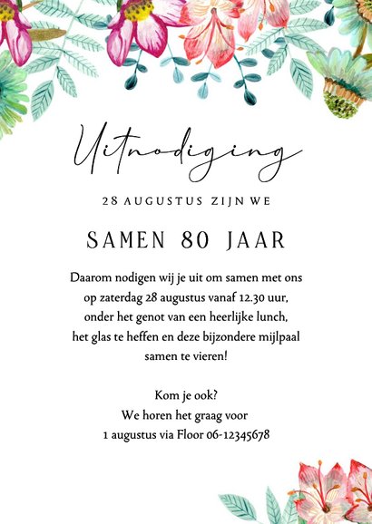 Uitnodiging samen 80 jaar met bloemen en foto’s 3