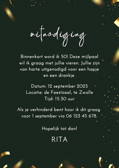 Uitnodiging stijlvol 50 goud confetti feestje groen 3