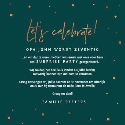 Uitnodiging stijlvol 70 jaar met rosé confetti 3