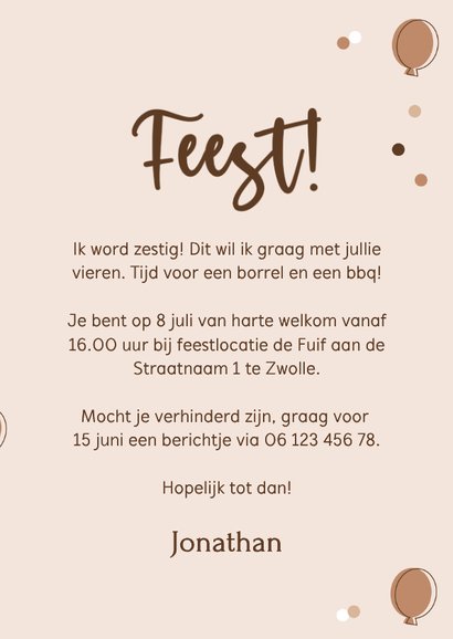 Uitnodiging stijlvol ballonnen beige confetti goud feest 3