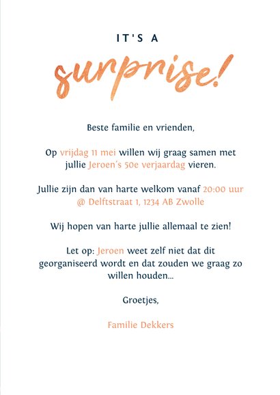 Betere Uitnodiging stijlvol surprise party met | Kaartje2go PO-08