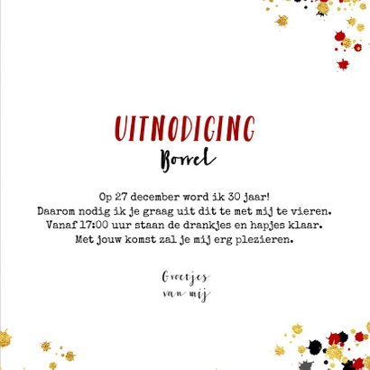 Uitnodiging stoere zwarte foto kaart met verfspatten 3