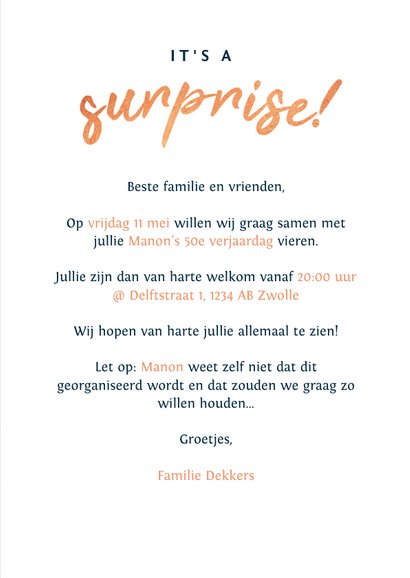 Uitnodiging surprise party met spetters en eigen foto! 3