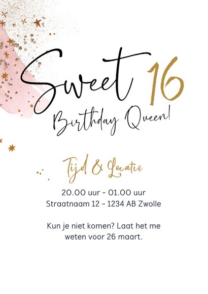 Uitnodiging Sweet 16 sterren goud watercolour 2