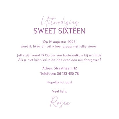 Uitnodiging sweet sixteen paarse ruitjes boogje maan sterren 3