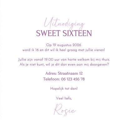 Uitnodiging sweet sixteen paarse ruitjes boogje maan sterren 3