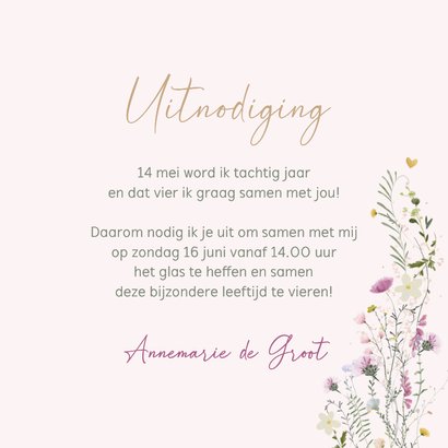 Uitnodiging tachtig jaar met lente bloemen en hartjes 3