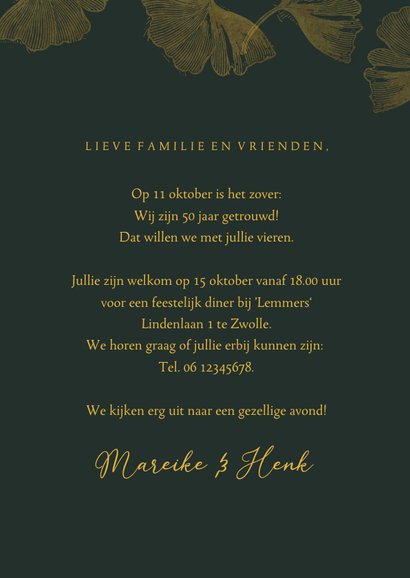 Uitnodiging trouwdag ginkgoblaadjes goud 3