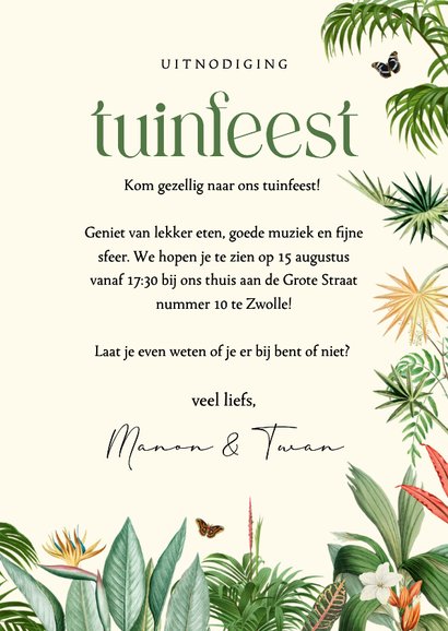 Uitnodiging tuin feestje met tropische planten en vlinders 3
