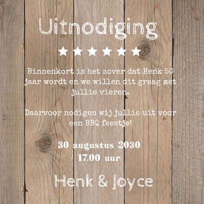 Uitnodiging tuinfeest BBQ houtprint slinger 3