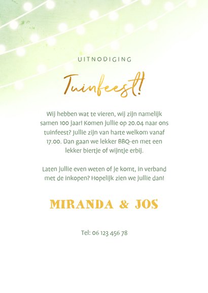 Uitnodiging tuinfeest goud met waterverf met lampjes 3