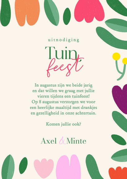 Uitnodiging tuinfeest kleurige tulpen moderne bloemen 3