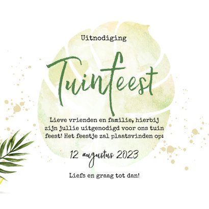 Uitnodiging tuinfeest met fruit en botanische bladeren 3