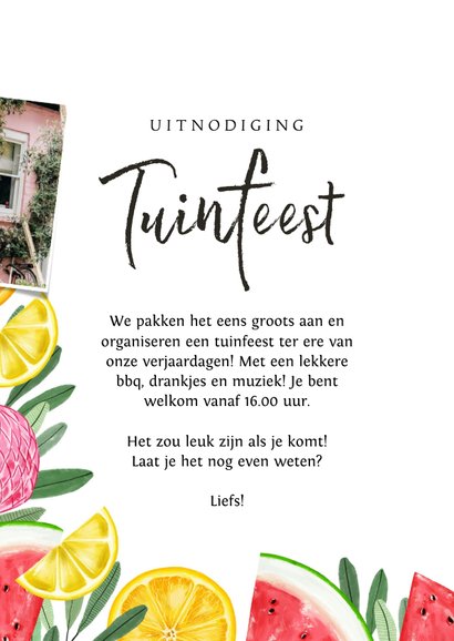 Uitnodiging tuinfeest met tropical elementen en flamingo 3