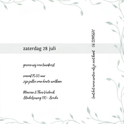 Uitnodiging tuinfeest, samen 100! eenvoudig, botanisch 3