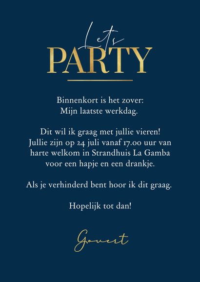 Uitnodiging typografisch party pensioen goud champagne 3